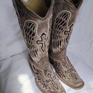Corral Ladies Brown/Black Wing & Cross Sequence Square Toe Boots A 1197